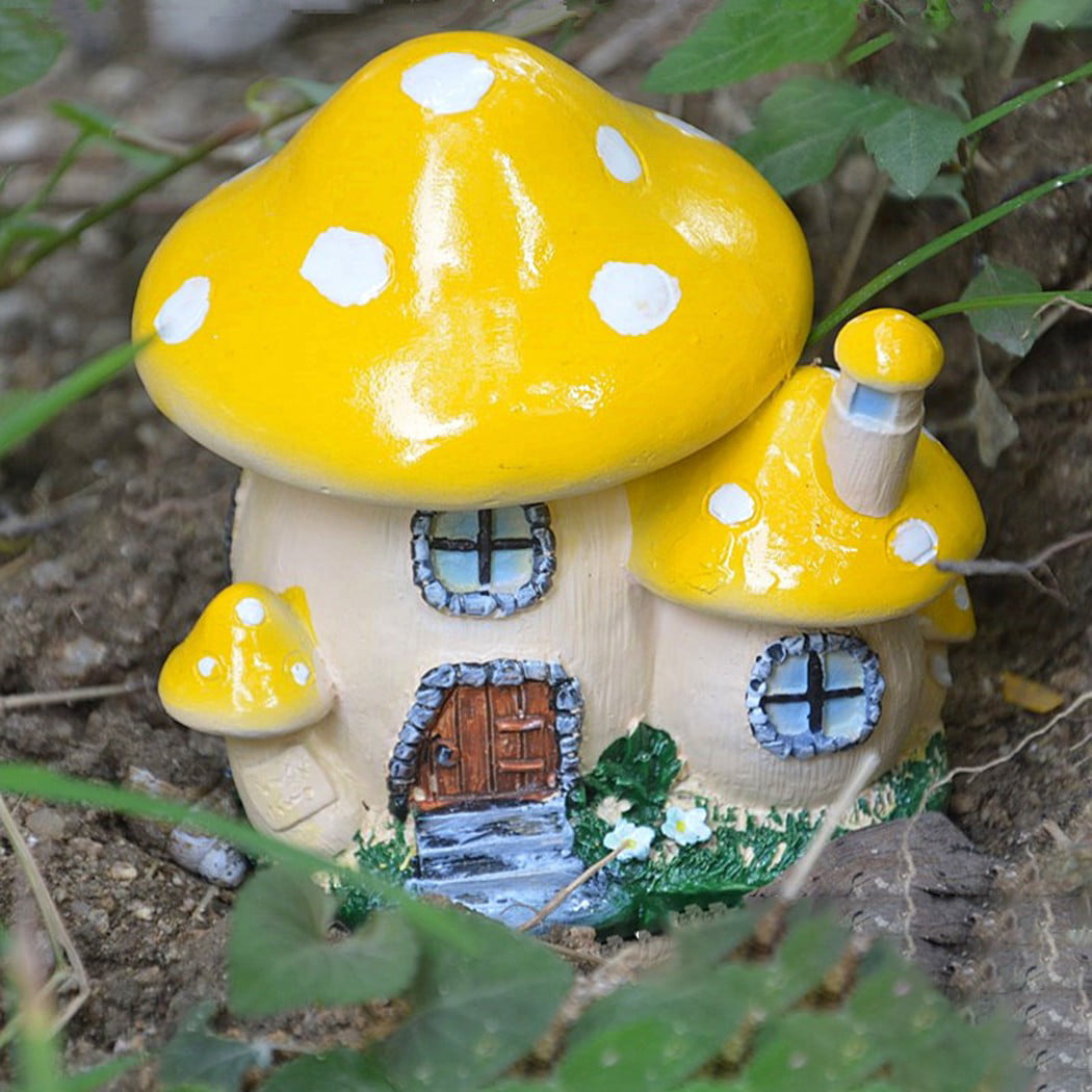 Solar LED Cute Yellow Mushroom Ornament Resin Figurine Craft Dollhouse Decor 