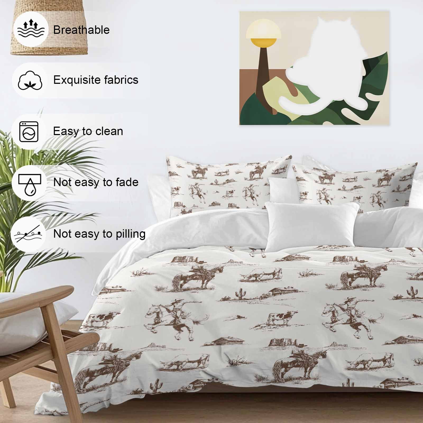 Western Cowboy Duvet Cover Set California King Size Retro Brown Desert Ethnic Horse Soft Lightweight Comforter Covers 4 Piece Bedding Set with 1 Duvet Cover 1 Bed Sheet & 2 Pillow Shams