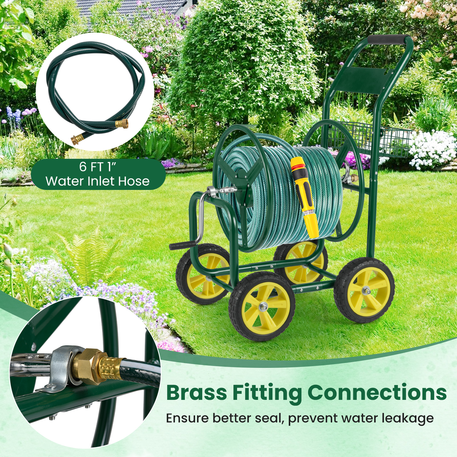 Gymax Garden Hose Reel Cart 300 FT of 5/8'' Large Capacity Heavy-Duty Metal Hose Cart Green