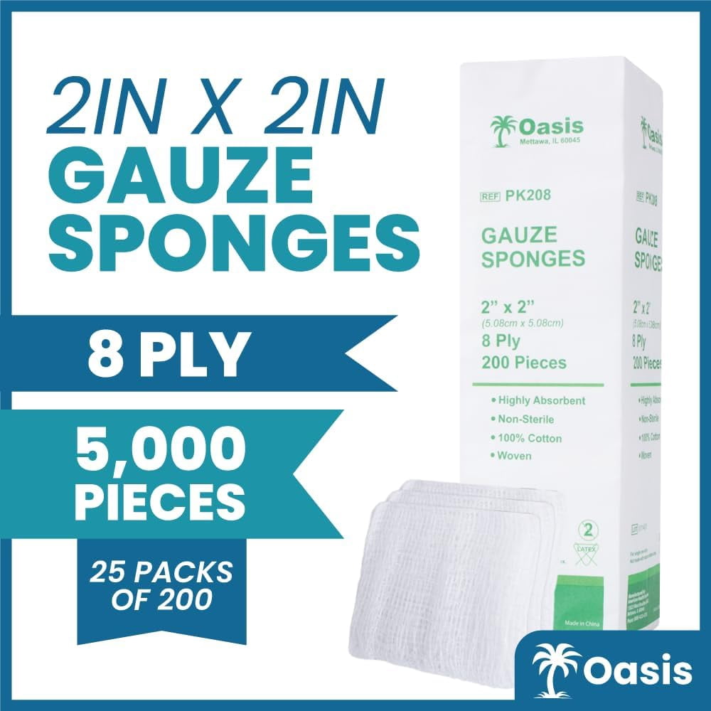 Oasis 2 x 2 inch Gauze Sponges, 100% Cotton, 8-Ply Woven Non-Sterile Gauze, 1 Case of 5000