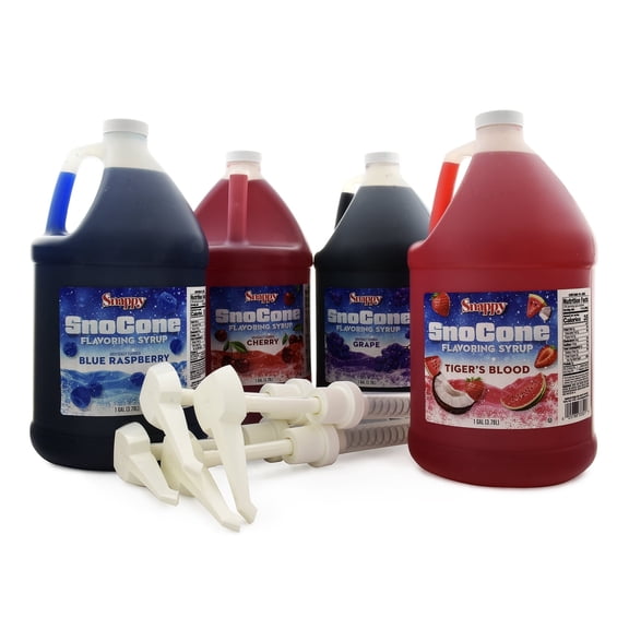 Snappy Sno Cone Syrup Variety Bundle, Blue Raspberry, Cherry, Grape and Tigers Blood, Flavored Syrup for Shaved Ice, 1 Gallon (128 oz), 4 Count with Syrup Pumps