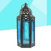 FRCOLOR Iron Candle Holder Lantern Outdoor Hanging Moroccan Lamp Blue