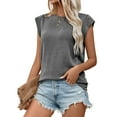 thumbnail image 4 of CALIPESSA Crewneck Trendy Ribbed Cap Sleeve Womens Tops Summer 2024 Causal Tshirt Black M, 4 of 5