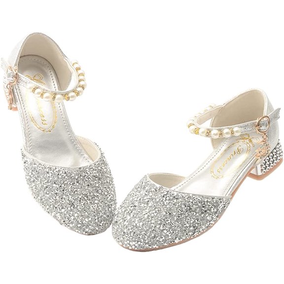 Girl's Wedding Sandals Glitter Princess Low Heels Mary Jane Dress Shoes Party Dress Up Ballet Flats