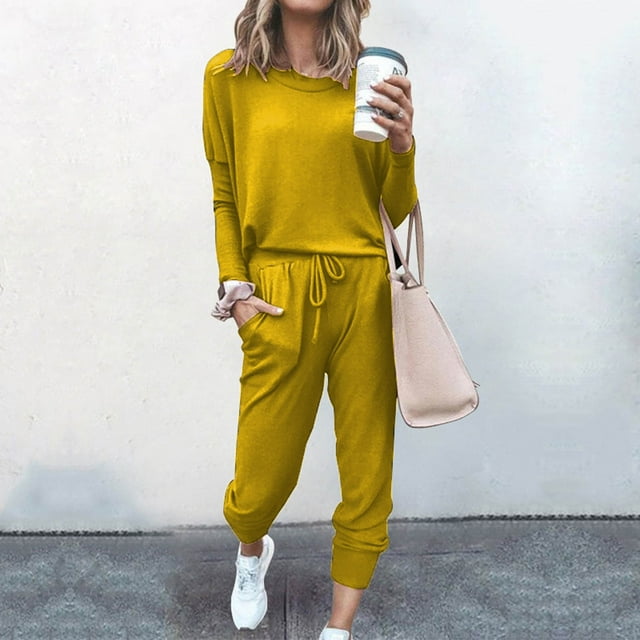 Weiqiqre Ensemble Détente pour Femmes d'Automne 2 Pcs Chandail à Manches Longues à Col Ras-du-Cou Hauts Pantalon Taille Haute Ensemble Survêtement