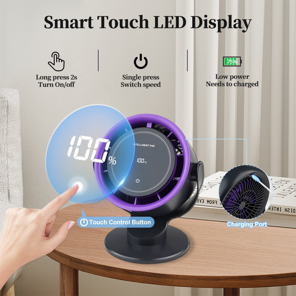 KAMIDA Table Fans, Ultra Quiet Wall-Mounted Desk Fan, Digital Display Rechargeable USB Fan,100 Speeds, Long Lasting Power, Portable Fan for Home Office Kitchen Travel Camping