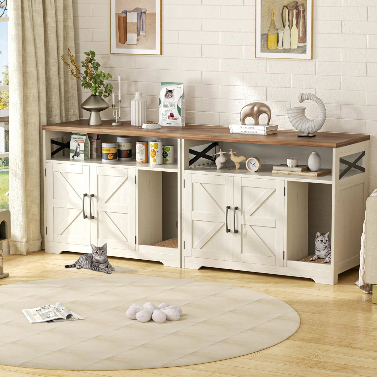 VEANERWOOD Cat Litter Box Enclosure with Cat Scratch Pad,Hidden Cat Washroom Furniture with Entry Open Compartment,White