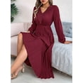 thumbnail image 2 of Women Fall Long Sleeve Dress Casual V Neck Pleated A Line Wine Red M, 2 of 5