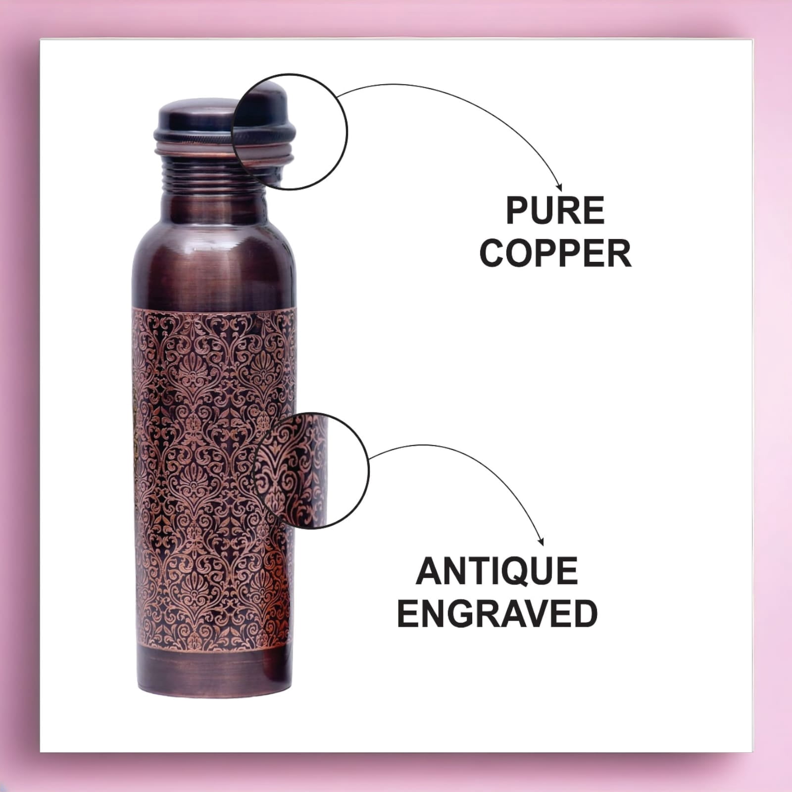 Pure Copper Water Bottle With Antique Floral Finish With 2 Tumbler Glass Set Ayurveda Health Benefits (950 ml, 300 ml)