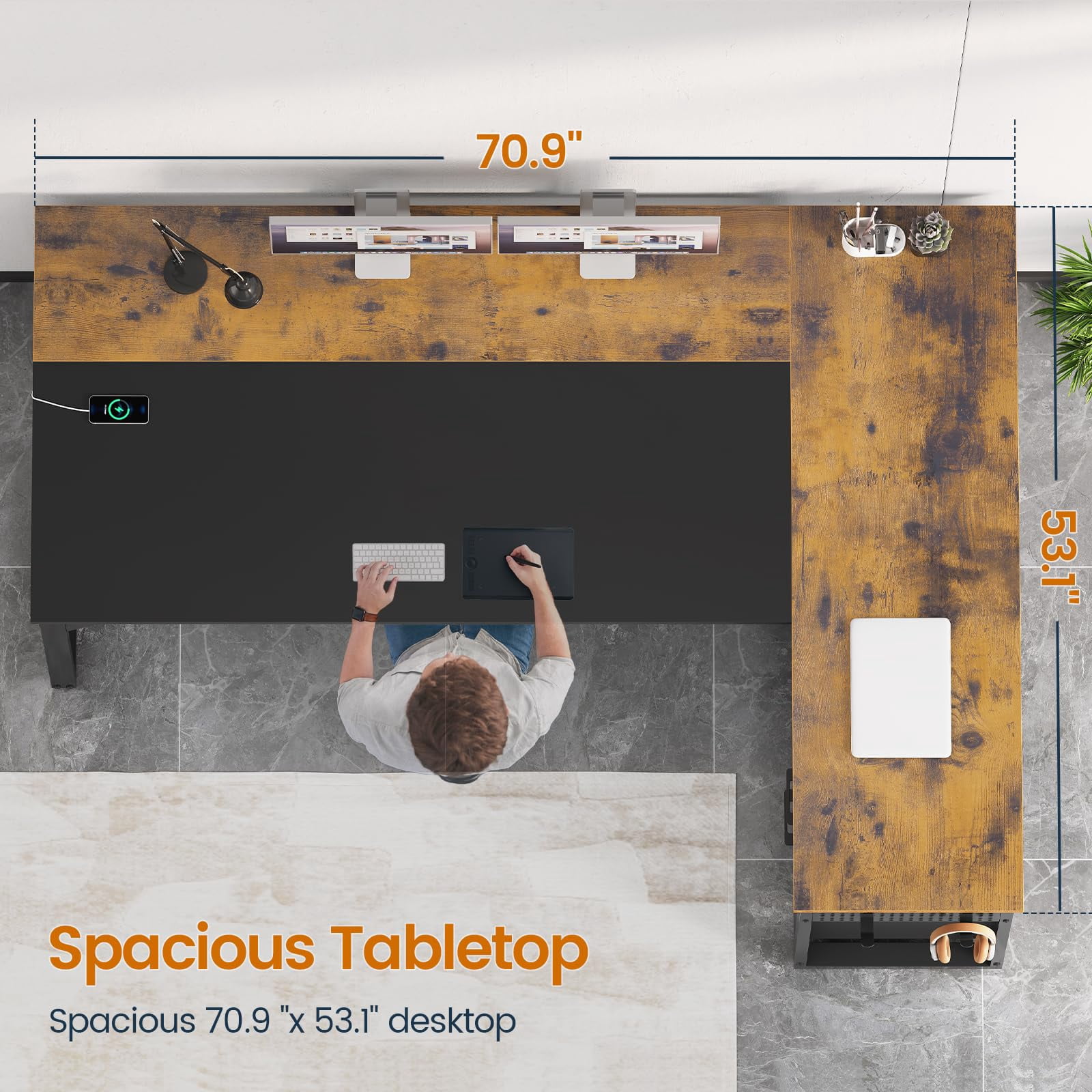 71" L-Shaped Executive Desk with Power Outlets & Mobile CPU Stand, Computer Desk with Storage Shelves, File Cabinet & Pegboard for Office, Home, Brown