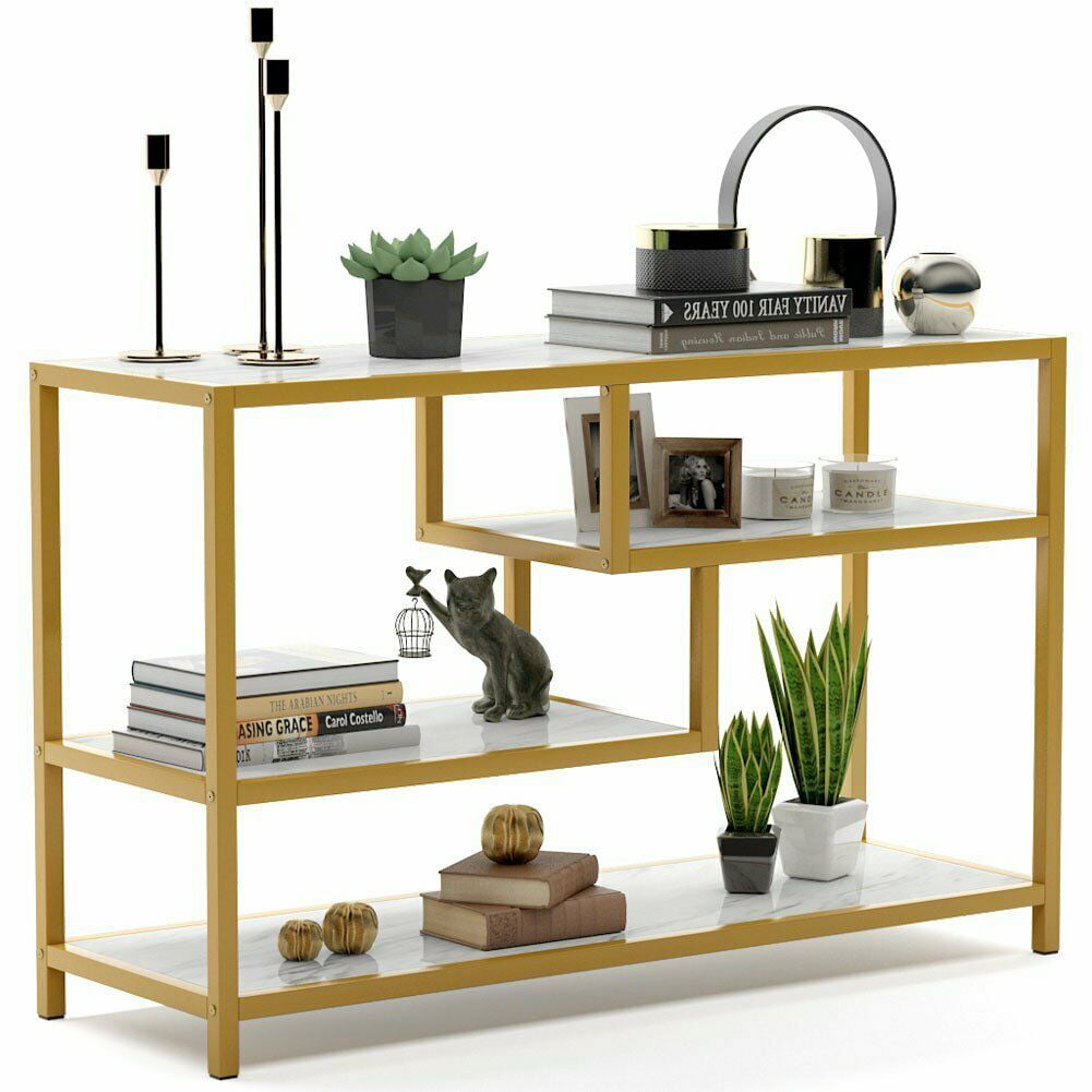 1/ 3 Tier Modern Coffee Console Table with Faux Marble Top and Steel Gold Frame 