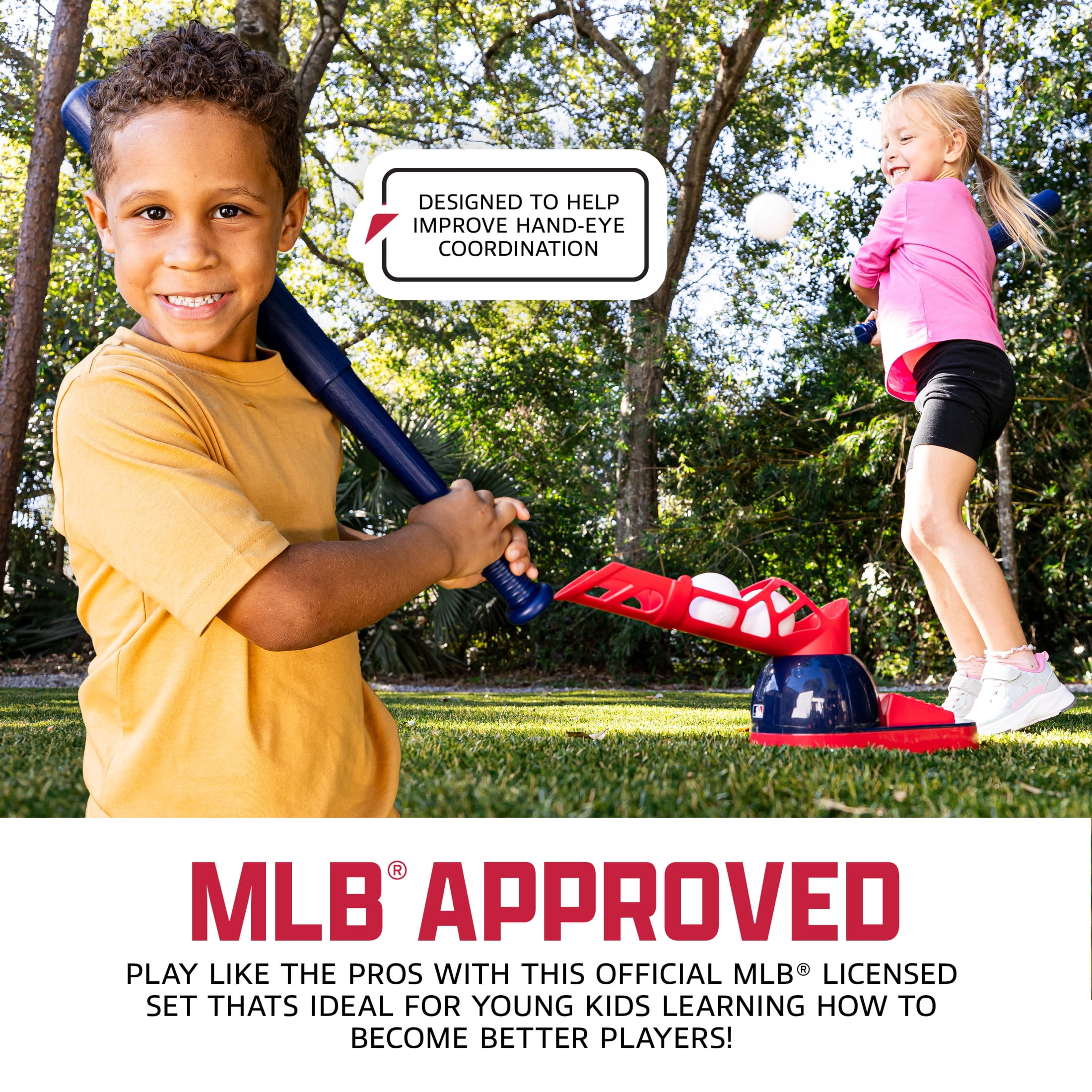 Franklin Sports MLB Pop A Pitch Kids Baseball Pitching Machine - Baseball Batting Practice Toy with Youth Bat + 3 Plastic Baseballs Included - Boys + Girls Hitting Toy Set