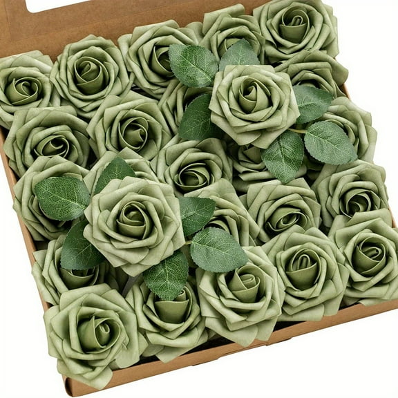 25pcs Elf Green Artificial Roses with Stems Foam Flowers for DIY Wedding Bouquets, Centerpieces, and Home Decor - Perfect for Outdoor Celebrations, Parties, Seasonal Events, Seasonal Floral Decor