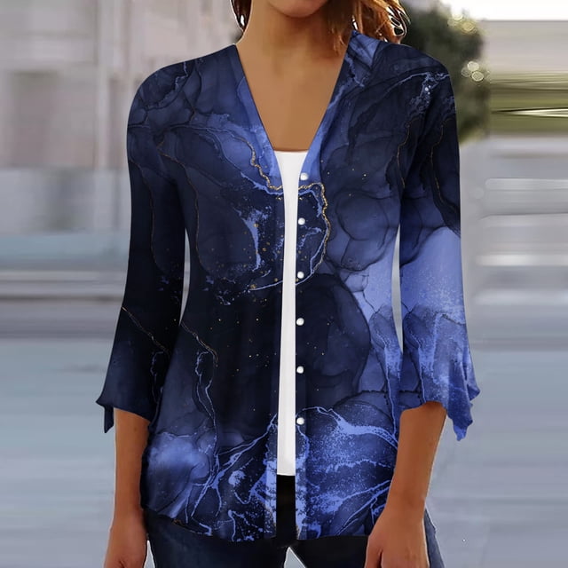 LOVZFMLL Cardigan pour Femmes, Mode, Manches Trois-Quarts, Imprimé, avec Boutons