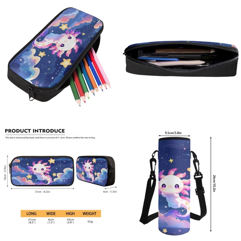 Yuuxorilu Kids Backpack Set 4-in-1 With Axolotl Print - Includes Bookbag, Lunch Bag, Pencil Case, Bottle Holder
