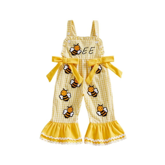 BemeyourBBs Toddler Baby Girls Bee Romper Overalls Jumpsuit Bell Bottoms Little Bee Embroidered Plaid Decorative Bow Sleeveless Playsuit Cute Spring Summer Clothes