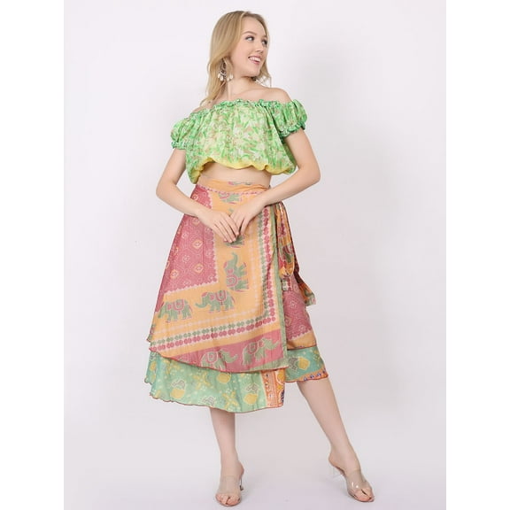 Wevez® Women's Pack of 3 Pcs Two Layer Printed Wrap Around Skirts (Midi Length)