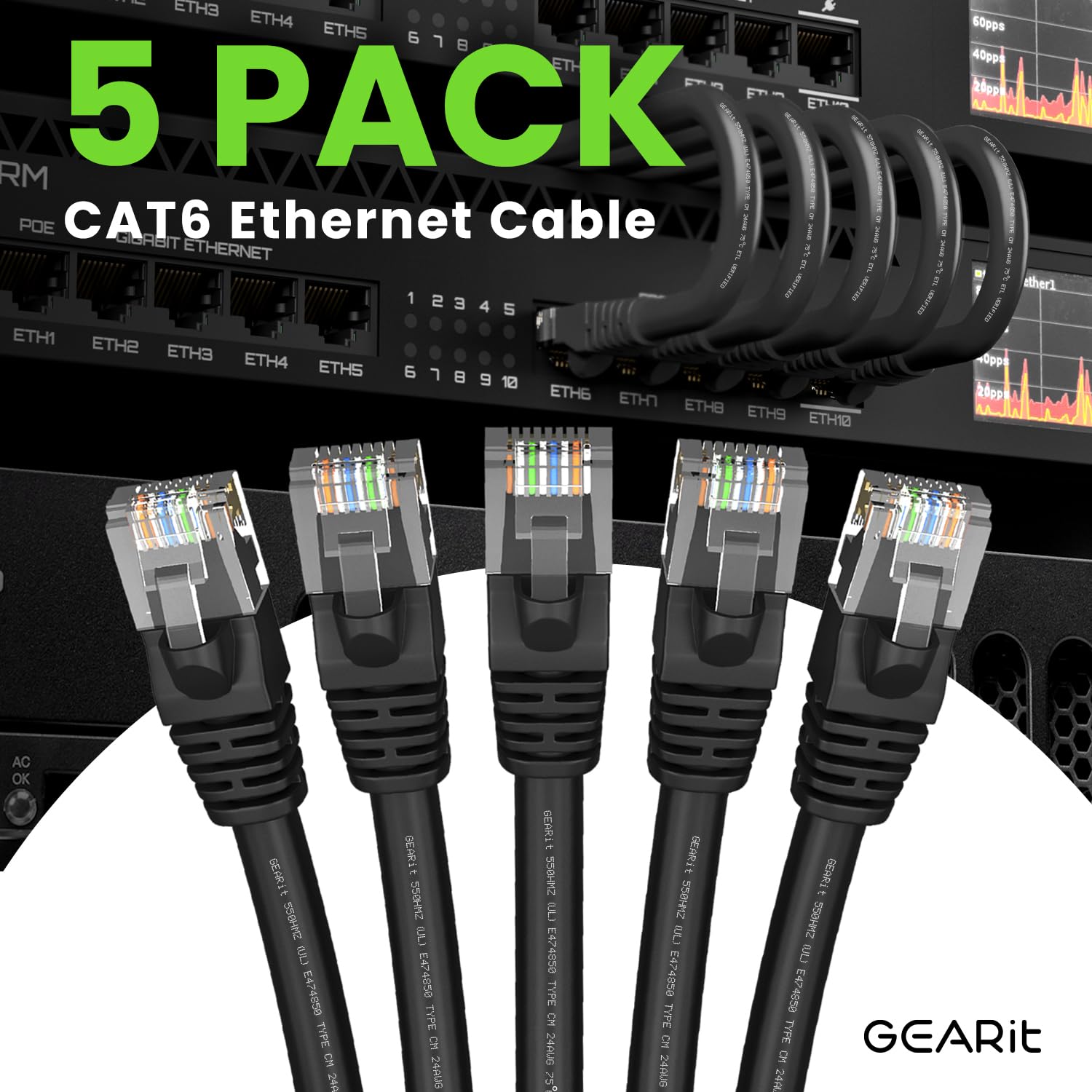 GEARit Cat 6 Ethernet Cable Pack - 5-Pack 100 ft Cat6 Ethernet Patch Cables | RJ45 Network Patch Cable, 10 Gbps Snagless Gold-Plated Connectors - Ethernet Cable Cat 6 for PC, TV, Router - Black