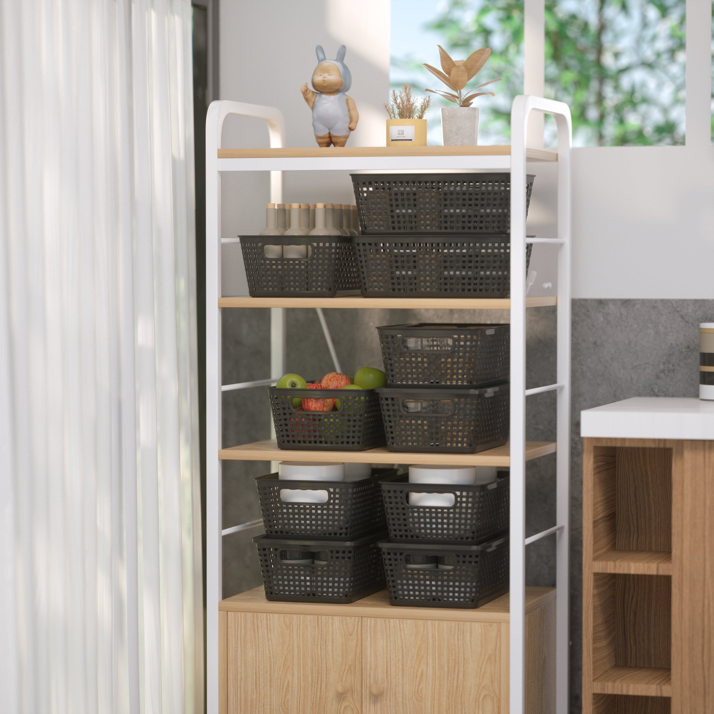 Small Plastic Storage Basket with Lid Handle 7x10.9x4 in Black 8 Pack