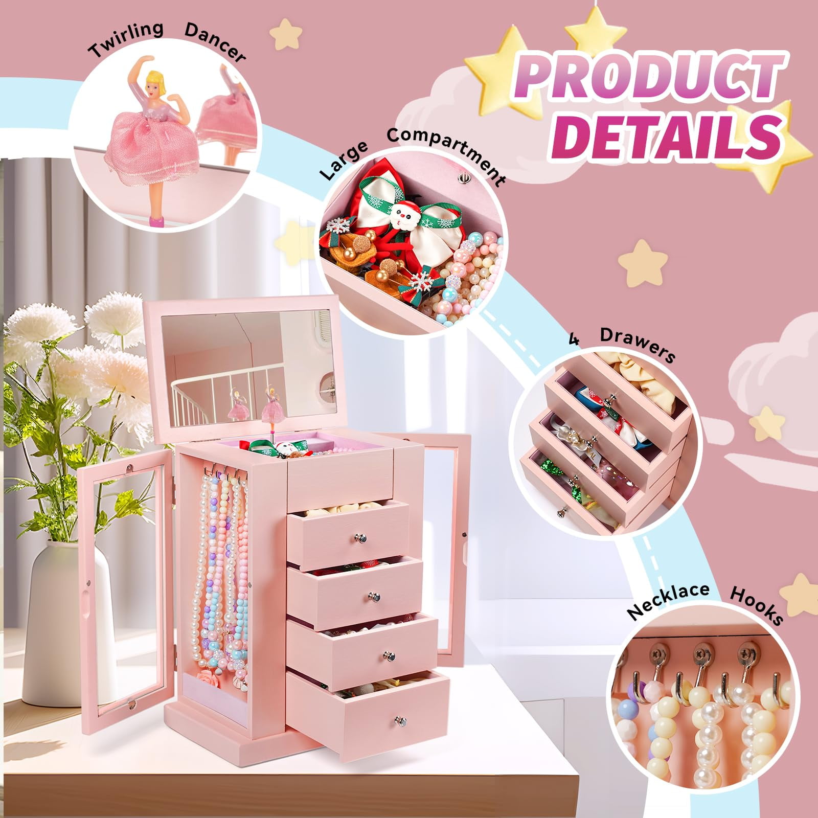 Music Jewelry Box for Girls, 5 Layer Musical Jewelry Organizer with Spinning Dancer for Kids Christmas New Year Birthday Gifts
