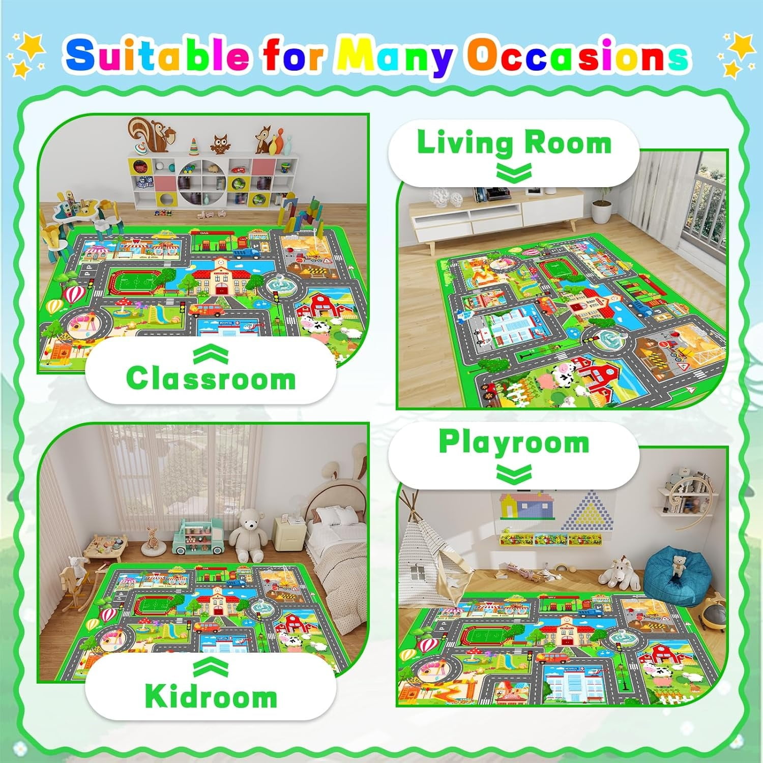 Kids Car Playmat, Kids Rug for Playroom Car Mat Town City Road Traffic Rugs, Play Mat for Floor, Extra Large Boys Kid Car Track Play Rug ( 78.7X 59 INCH)