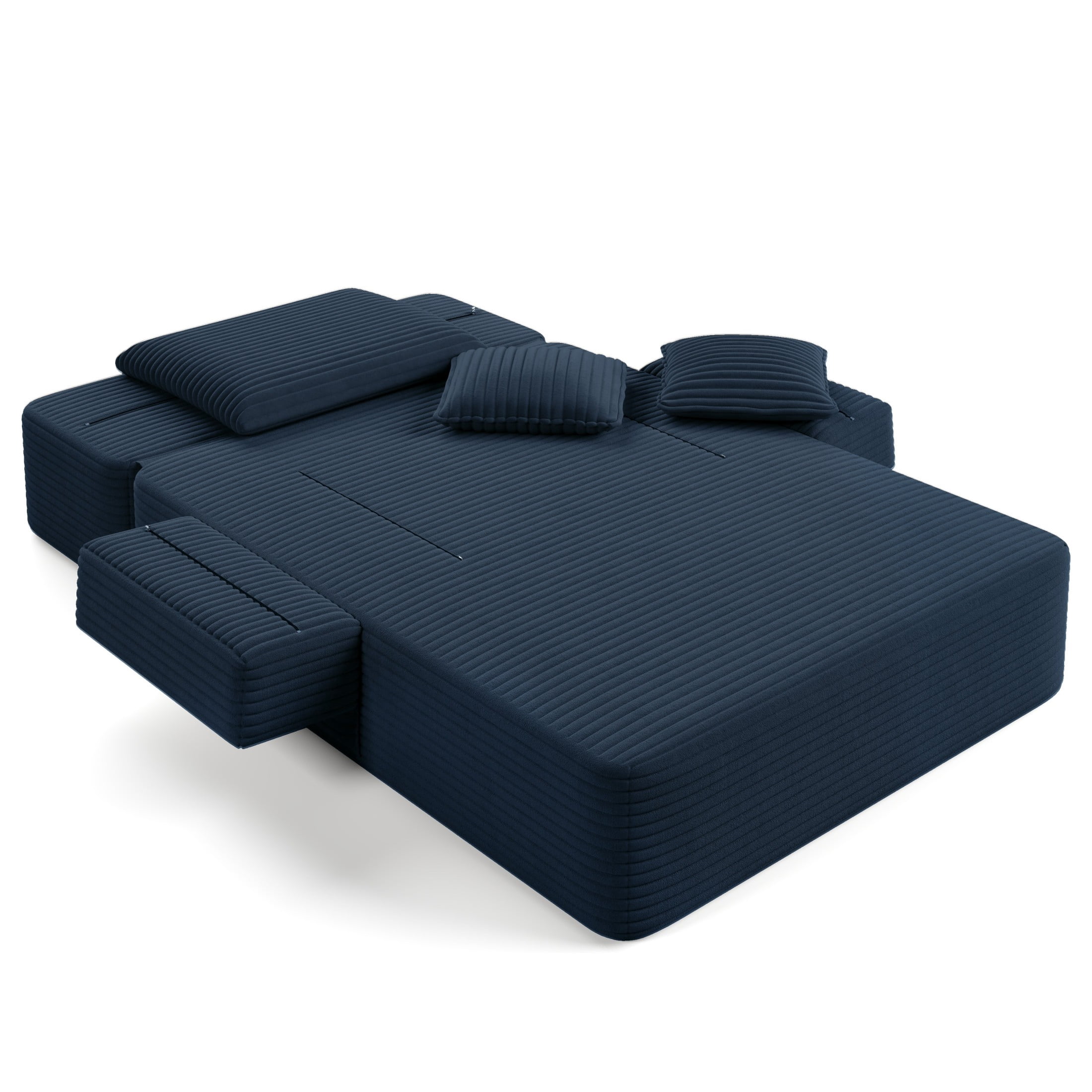 Aukfa Oversized Corduroy Chaise Lounge Chair, Convertible Boneless Sleeper Sofa Bed with 3 Pillows&Storage Pockets, Blue
