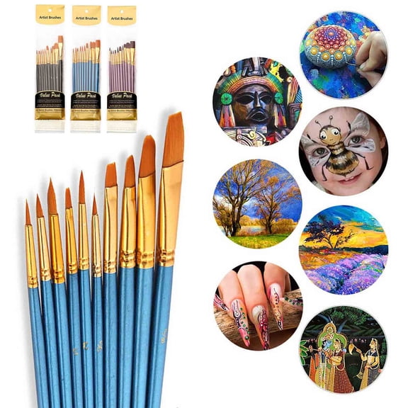10-Piece Nylon Hair Paint Brush Set for Acrylic, Oil, Watercolor - All-Purpose Artist Brushes, Multiple Sizes and Shapes, Fine Detail for Miniatures and Crafts