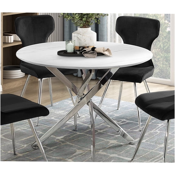JERFIT Modern Round Dining Table with Faux Marble Top and Chrome Metal Base for 4, Contemporary Kitchen & Dining Room Furniture