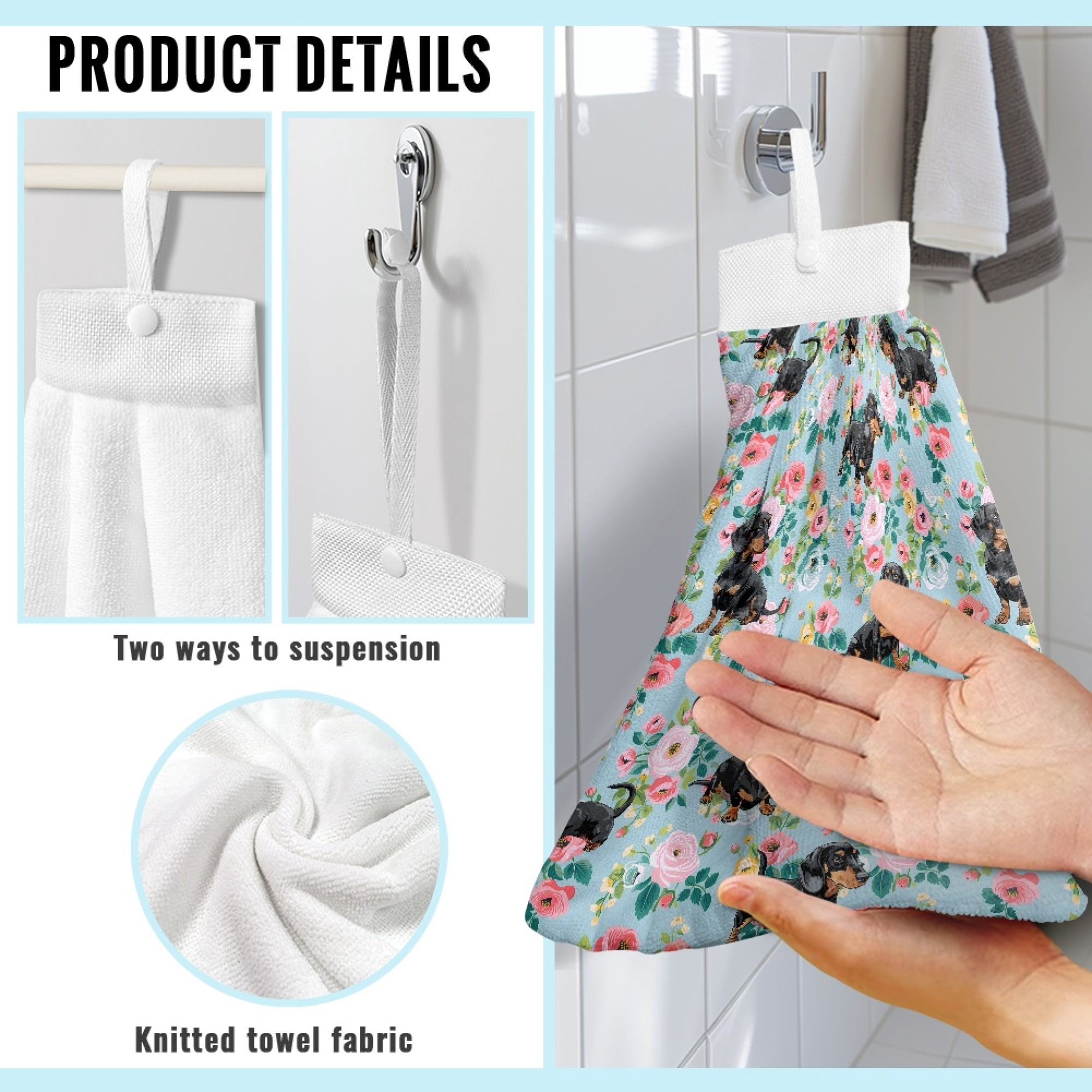 SEANATIVE Dachshund Hand Towels with Hanging Loops Flowers Fast Drying Hand Towels for Bathroom 3 Pcs Kitchen Hand Tie Towel Washable Hand Towels for Hotel Spa Gym Indoor Home Fingertip Towel