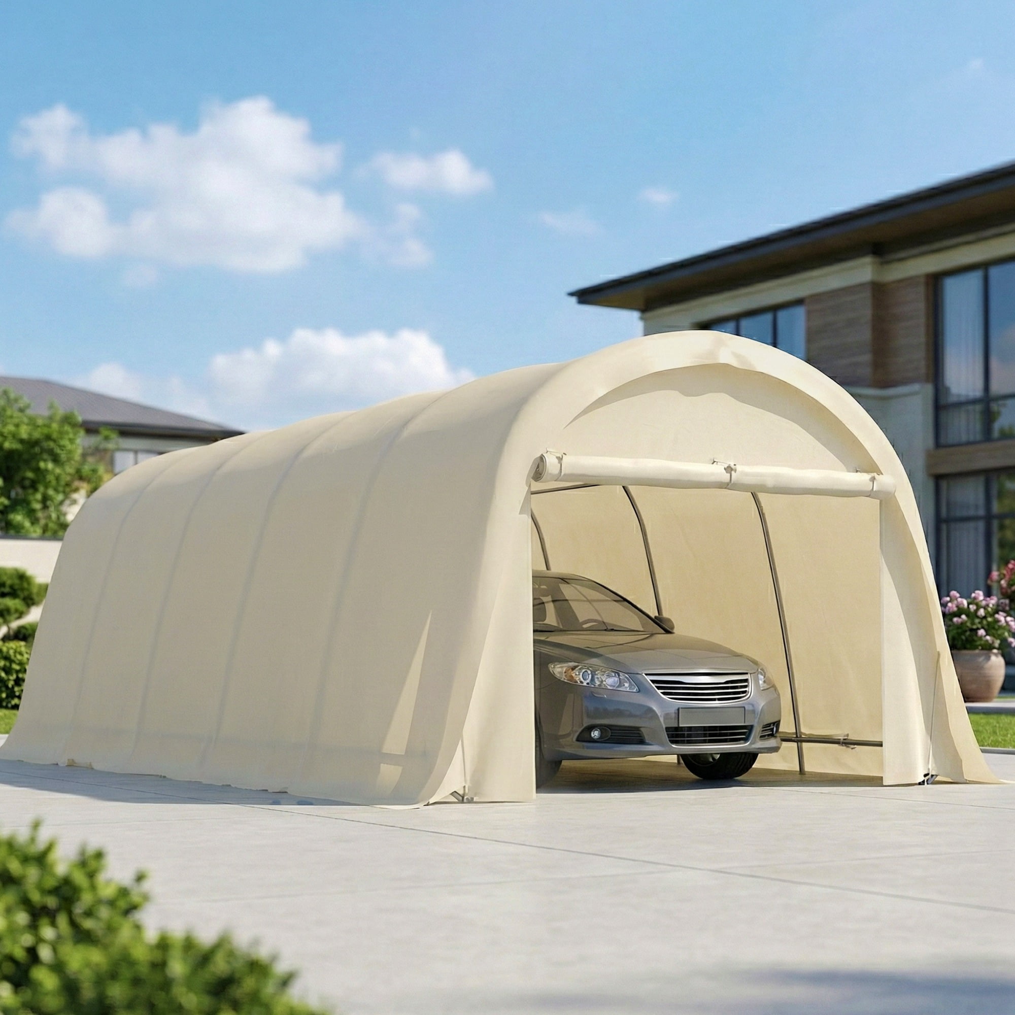 12' x 23.6' Heavy Duty Carport, UPF50+ Portable Garage Car Canopy Tent with Galvanized Frame, Large Door, Beige