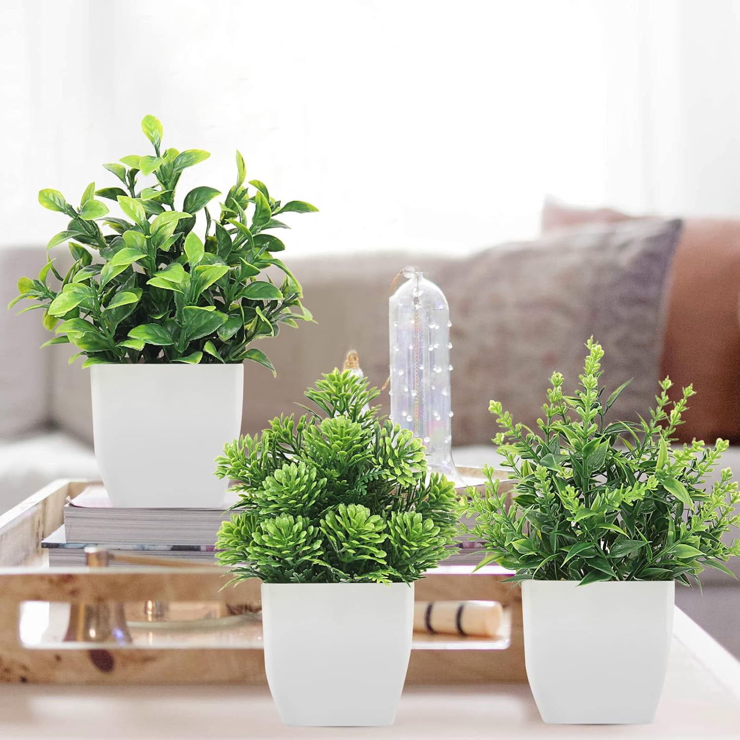 Artificial Plants Mini Fake Potted Plants, 8 pcs Small Eucalyptus Potted Faux Decorative Grass Plant with White Pot for Home Decor, Indoor, Office, Desk, Shelf, Table Decoration