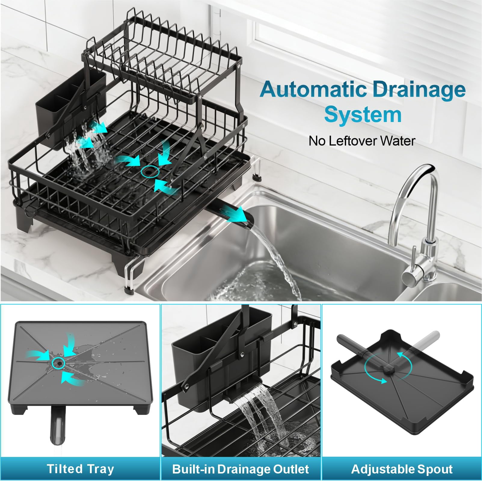 Large 2 Tier Dish Drying Rack  Expandable Heavy-duty For Kitchen Counter Rust-resistant Drainer With Utensil & Cup Holder Auto-drain 16.9" W X 14.4"-22.4" L Black