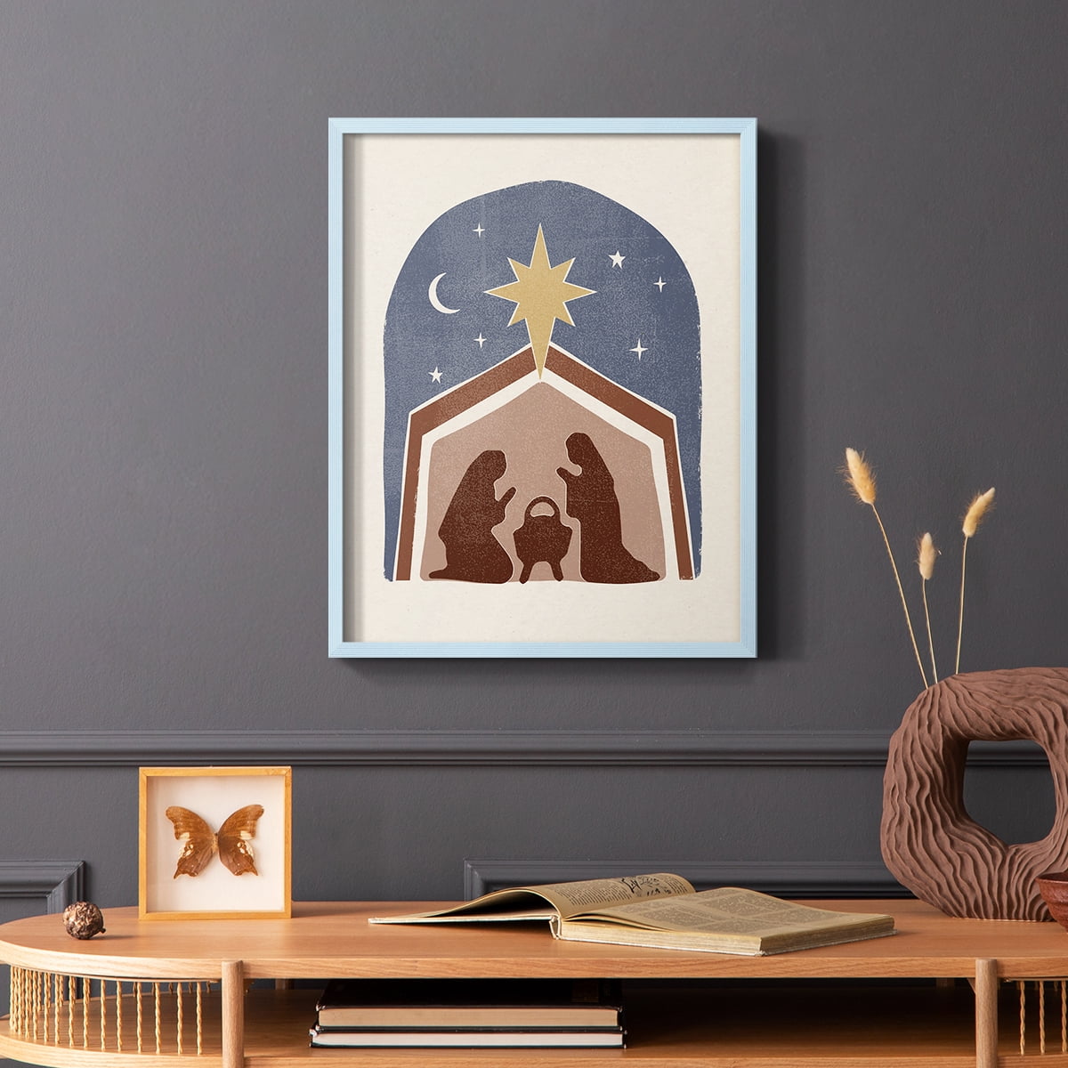 Boho Nativity I Framed Print in Blue Solid Wood Framed Print No Nail Hanging