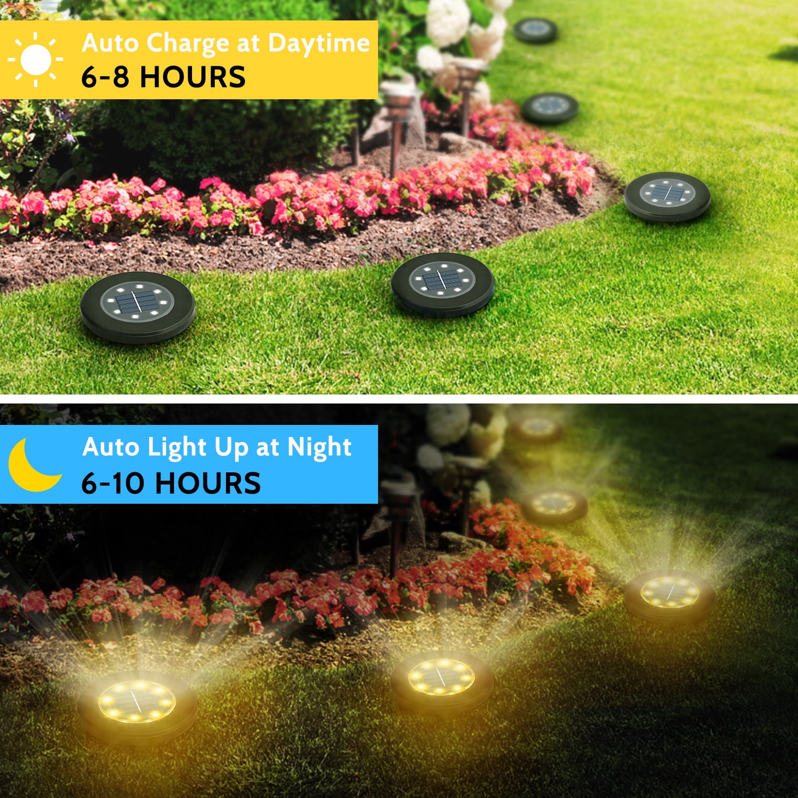 Solar Garden Lights In-Ground Disk 8 LED Warm Light Black Outdoor 8 Pack