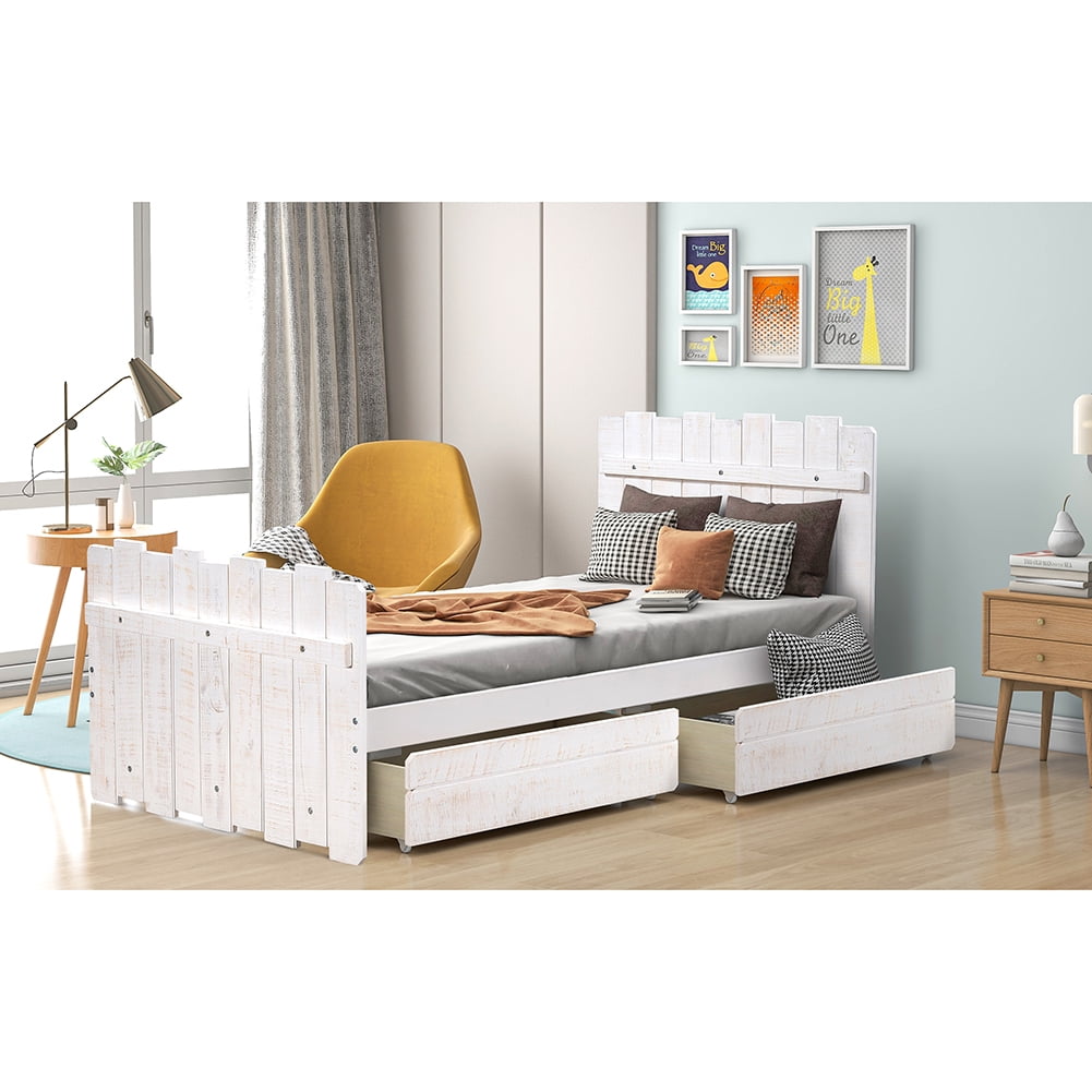 Lowestbest Vintage Wood Twin Platform Bed Frame with Headboard and Footboard, White Lowestbest Vintage Wood Twin Platform Bed Frame with Headboard and Footboard, White