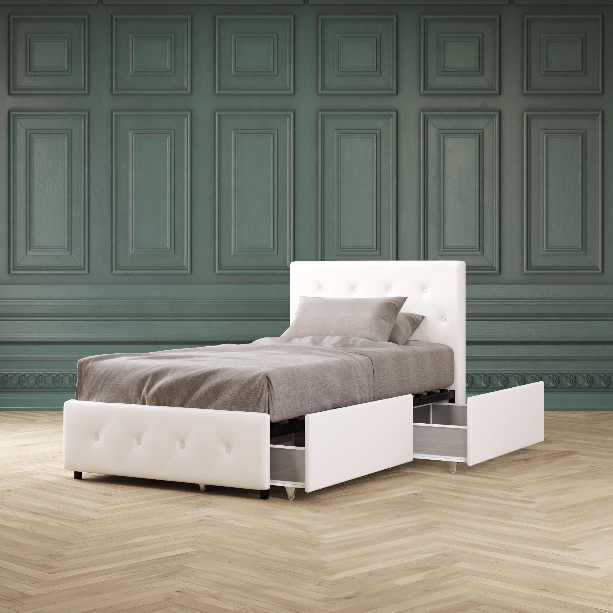 DHP Dean Upholstered Bed with Storage, White Faux Leather, Twin