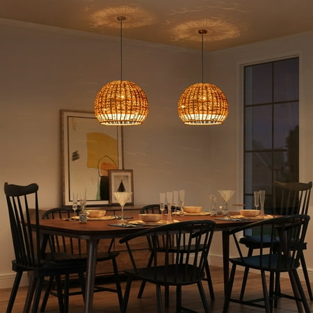 

RRTYO 1-Light Farmhouse Rustic Dome Bowl Semi-Globe Pendant Light with Handwoven Bamboo Rattan Globe Shade - 15.7 in. W x 12.2 in. H