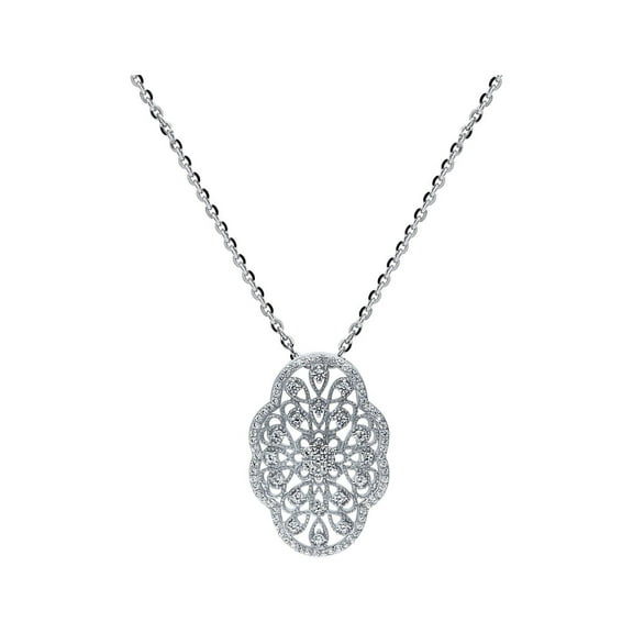 BERRICLE Sterling Silver Flower Cubic Zirconia CZ Vintage Inspired Art Deco Pendant Necklace for Women, Rhodium Plated 18 inch