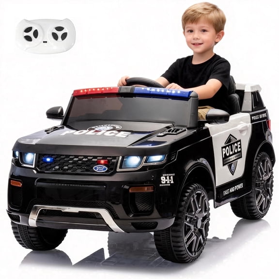 TULILLO Electric Police Car for Kids, 12V Kids Ride on Toys w/ Remote, Music, LED Lights, Megaphone, Ages 3 