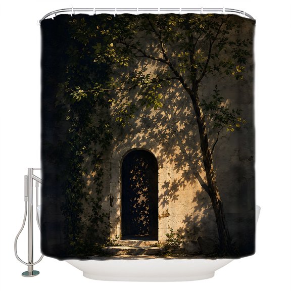 Vintage Country Bathroom Shower Curtains with 12 Hooks Polyester Waterproof Shower Curtain for Stalls and Bathtubs Rustic Tree Leaves Arched Door Village Decorative Bathroom Curtain 72x84 Inches