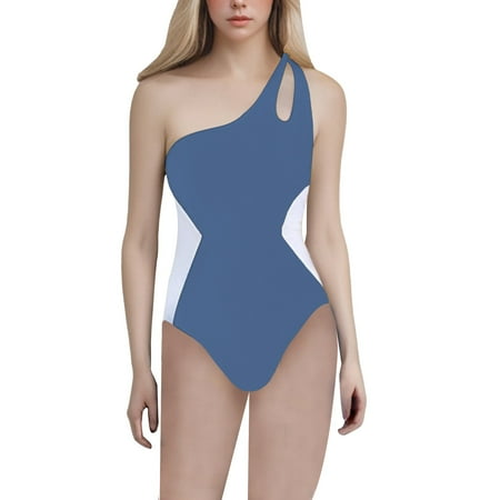 Duoif One Piece Swimsuit Women  Womens One Shoulder Swimsuits Tummy Bathing Suit Slimming Sporty Color Block Cute Swimwear Womens Swimsuits Tummy Control Swimsuits for Women Navy XXL