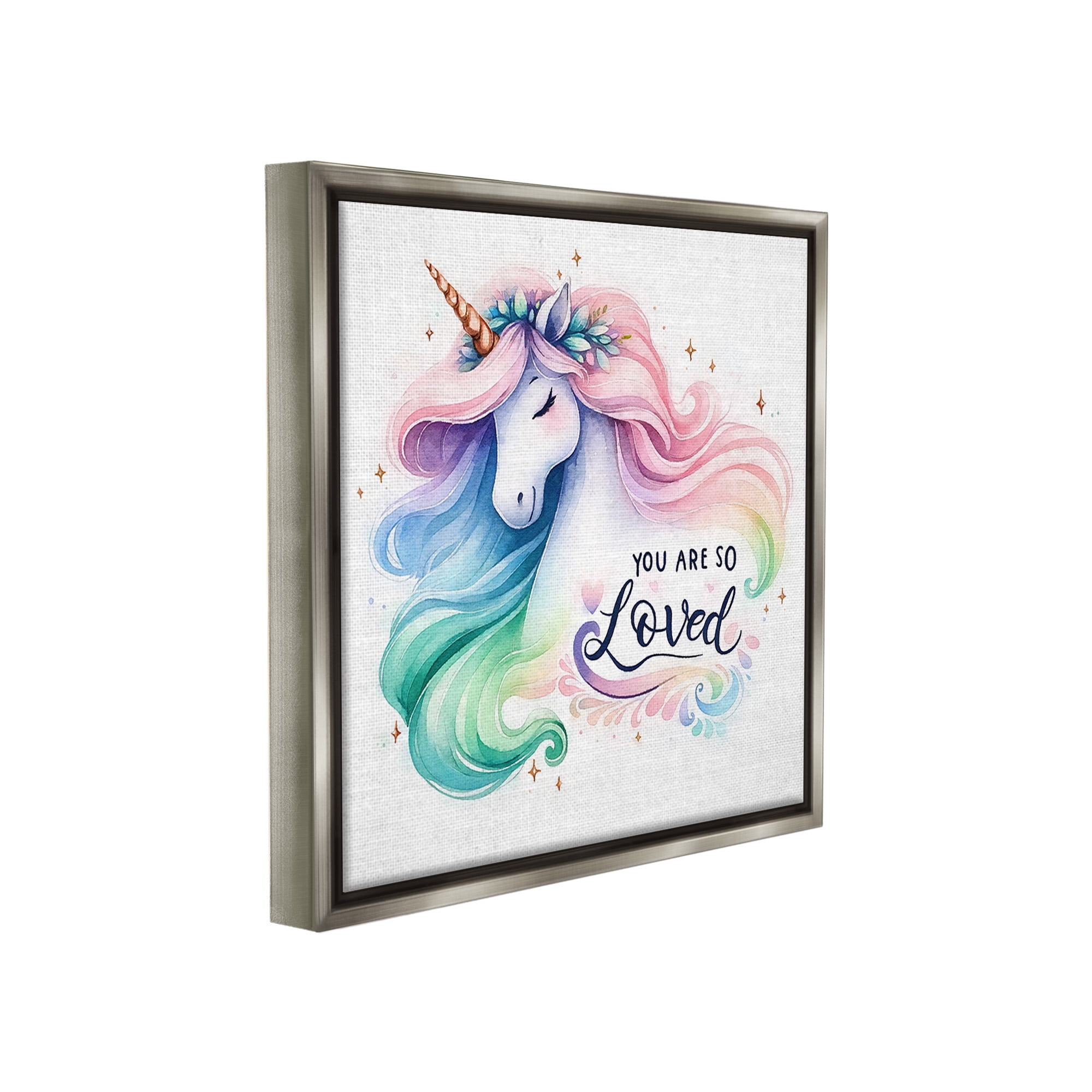 Stupell Industries So Loved Unicorn Fairy Tales & Fantasy Painting Gray Floater Framed Canvas Art Print Wall Art, 25 x 25
