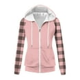 thumbnail image 5 of Fall Sweatshirts for Women Hooded Plaid Printed Pocket Long Sleeve Sweatshirt Pink XXL, 5 of 6