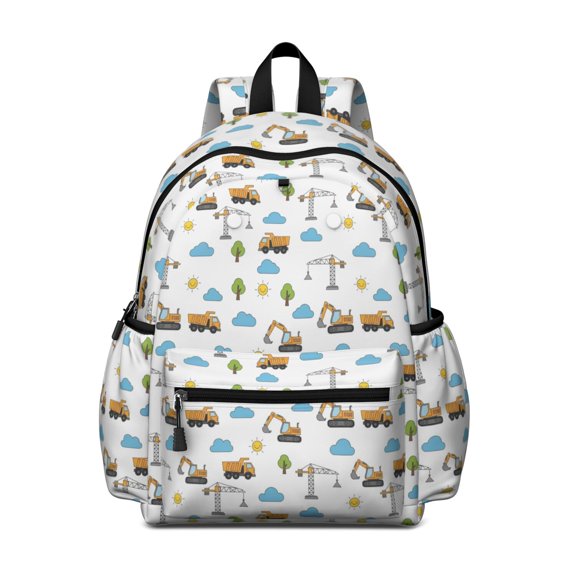 Excavator and Sun White Pattern Cute School Backpack with Padded Back and Adjustable Shoulder Straps 13.4"x11"x4.7"
