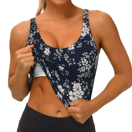Qokaie Retro Flower Pattern Womens Scoop Neck Sports Bra Breathable Workout Vest Padded U Back Medium Impact Fitness Gym Yoga Bra Workout Crop Top