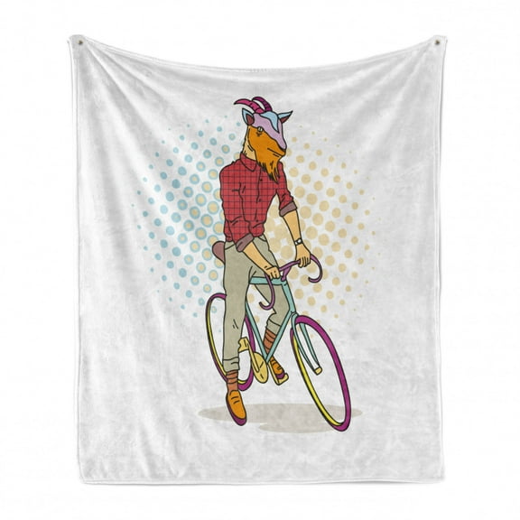 Retro Soft Flannel Fleece Throw Blanket, Hipster Goat on Bicycle Fashion Model Horns Hooves Teenager Boy Colorful Artwork, Cozy Plush for Indoor and Outdoor Use, 70" x 90", Multicolor, by Ambesonne
