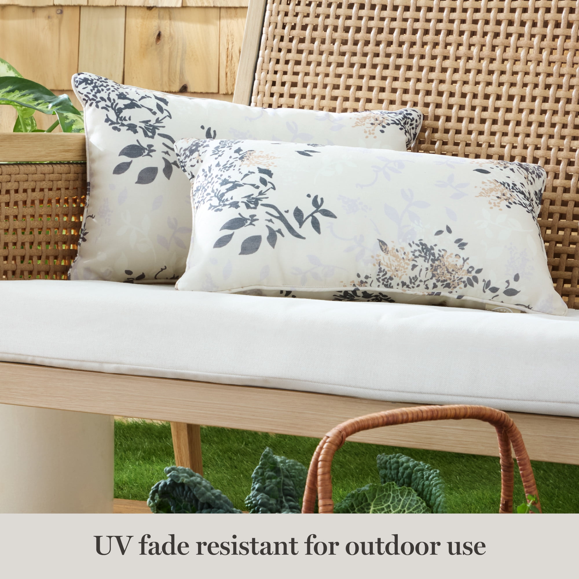 MARTHA STEWART Charming Foliage Indoor Outdoor Decorative Lumbar Pillow 2-Pack Set, UV Fade Resistant, Water Repellent, Printed Floral Design, Warm Grey, 11"x18"