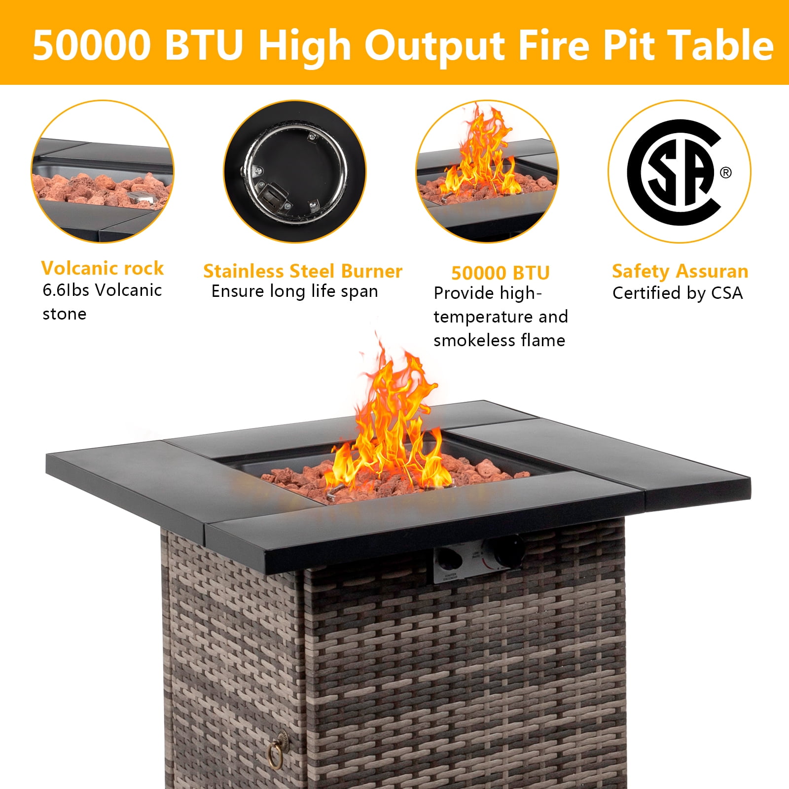 UBesGoo Gas 28" Outdoor Fire Pit Table 50,000 BTU Auto-Ignition Propane Wicker Fire Pit Table Gray