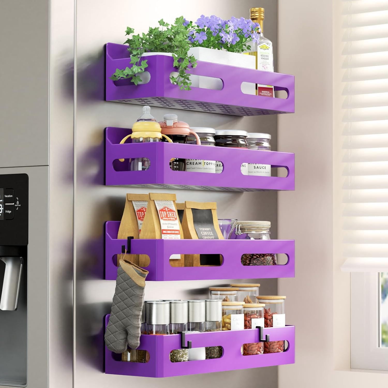 4 Pack Magnetic Spice Rack for Refrigerator Multipurpose Fridge Shelf with 4 Hooks Purple for Kitchen Bathroom Storage