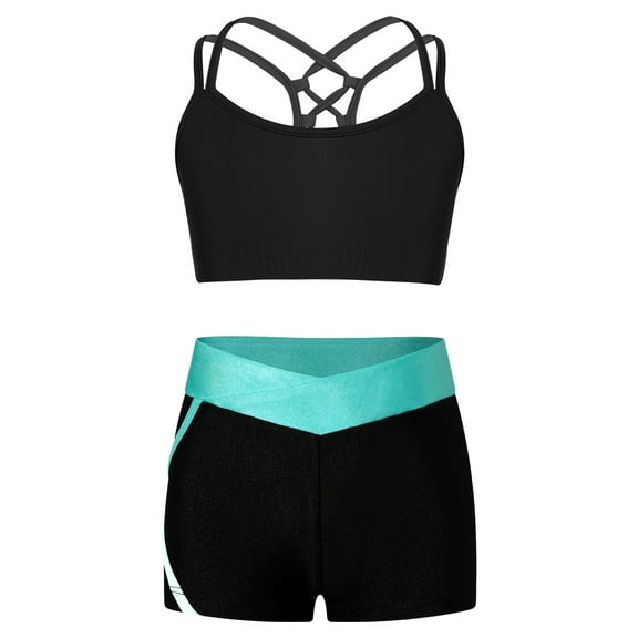 Haitryli Kids Girls Dance Outfit Gymnastics Crop Tank Camisole with Yoga Shorts Booty Shorts Set B Blue Green 10